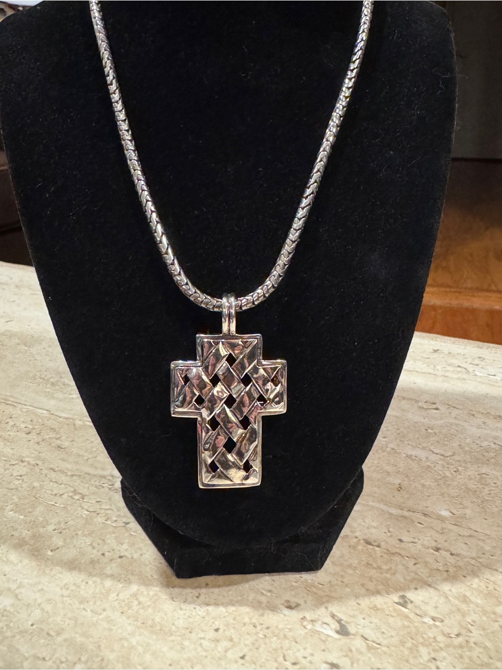 Sterling Silver Cross Pendant Necklace - Woven Design in Silver